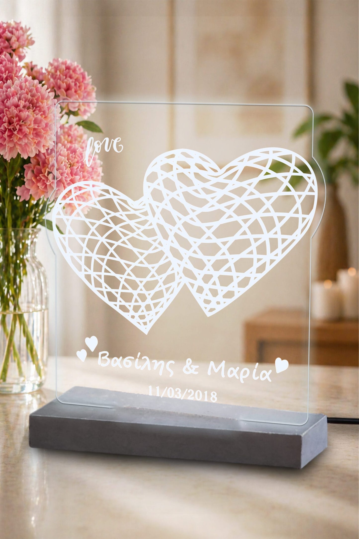 Φωτιστικό plexiglass 3d 2 hearts