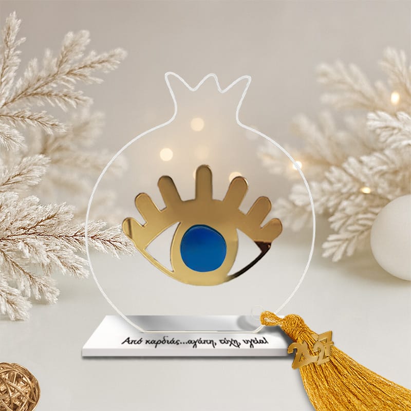 Γούρι ρόδι με βεραμάν μάτι με διάφανο plexiglass σε βάση