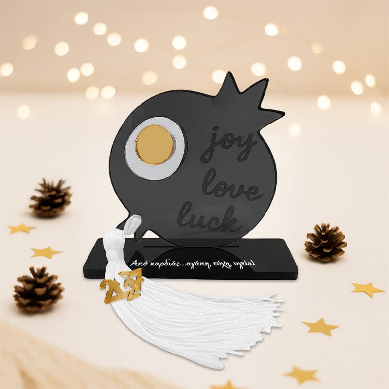 Γούρι ρόδι με βάση joy, love, luck σε Ανθρακί Plexiglass