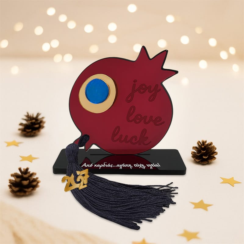 Γούρι ρόδι με βάση joy, love, luck σε Μπορντό Plexiglass