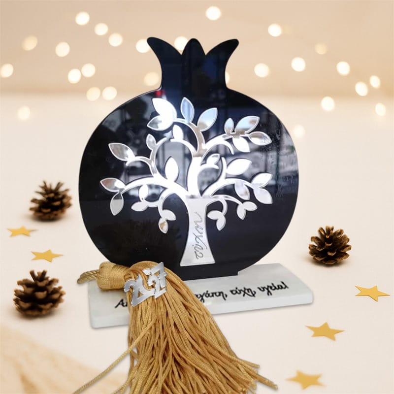 Γούρι ρόδι tree of life άσπρο με βάση σε μαύρο plexiglass