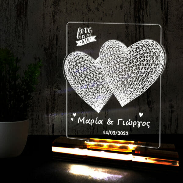 Φωτιστικό plexiglass 3d 2 hearts